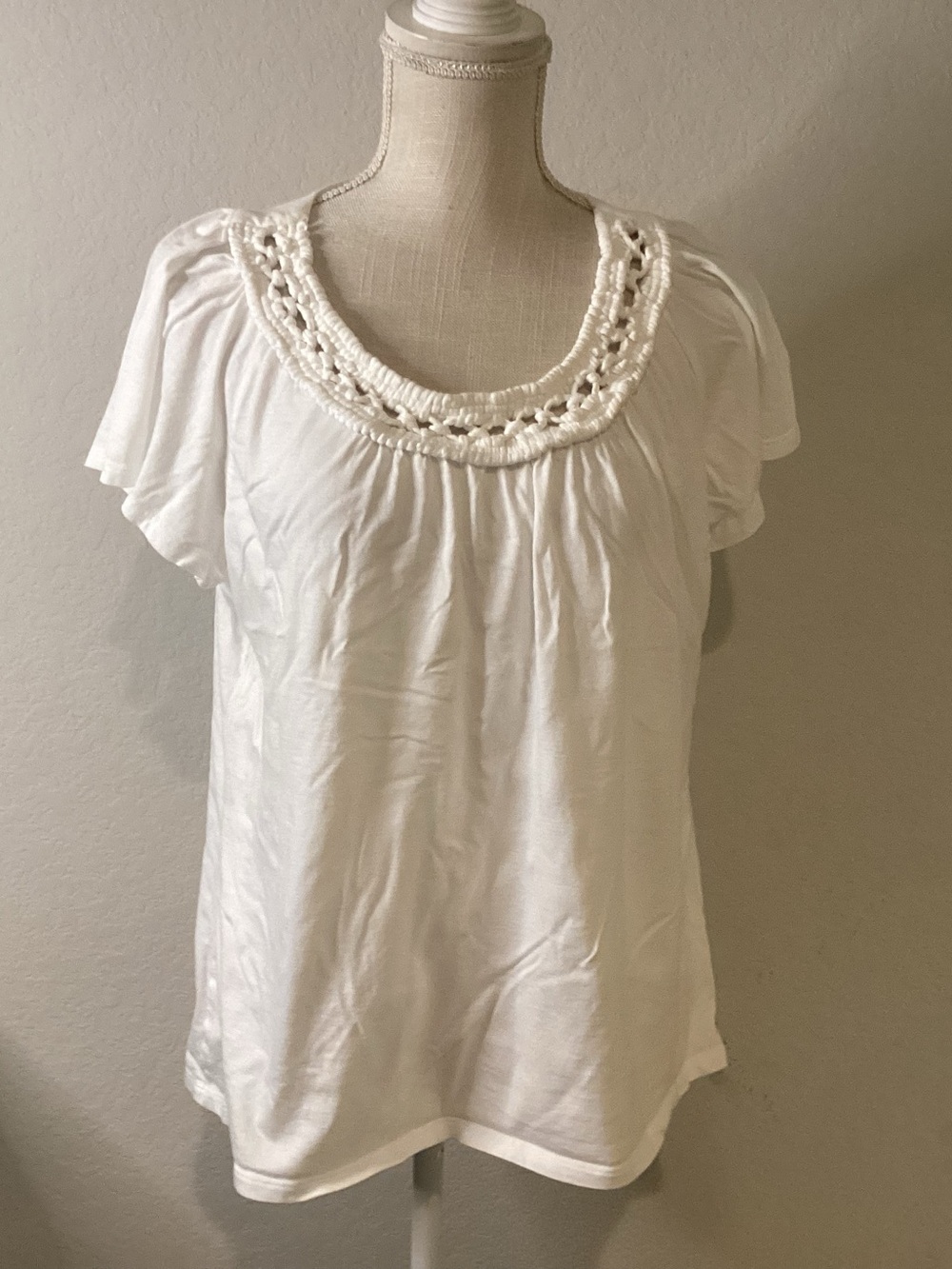 Charter Club White Crochet-Trim Short Sleeve Tee